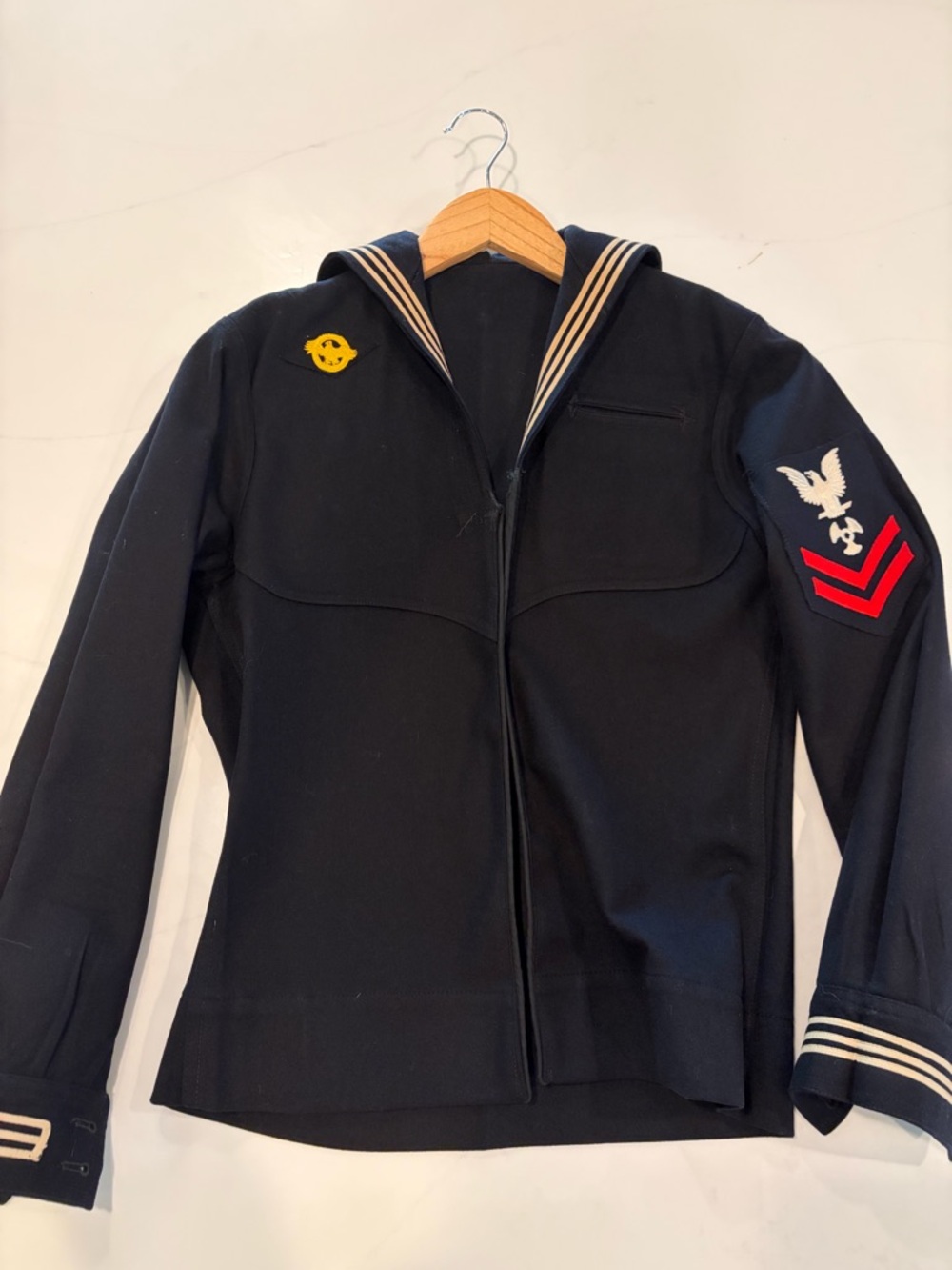 Navy Blue Sailor Jacket with Red Chevron Sleeve Patch